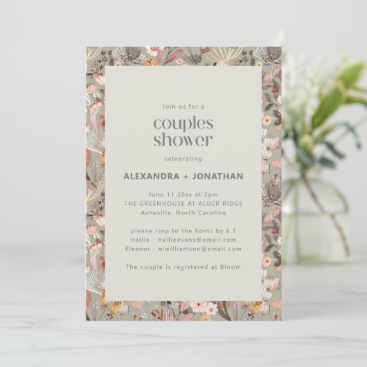 Rustic Sage Wildflower Botanical Couples Shower Einladung (Stehend Vorderseite)