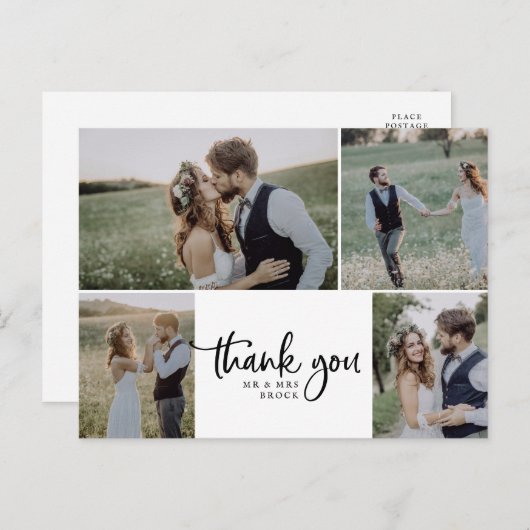 Rustic Script 4 Photo Collage Wedding Thank You Postkarte (Vorne/Hinten)