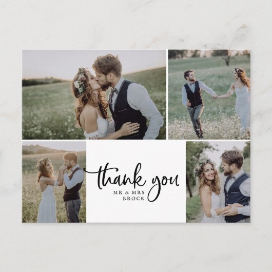 Rustic Script 4 Photo Collage Wedding Thank You Postkarte (Vorderseite)