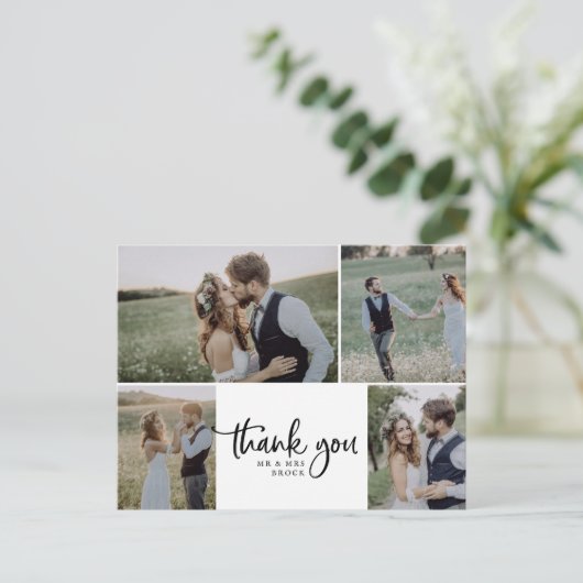 Rustic Script 4 Photo Collage Wedding Thank You Postkarte (Stehend Vorderseite)