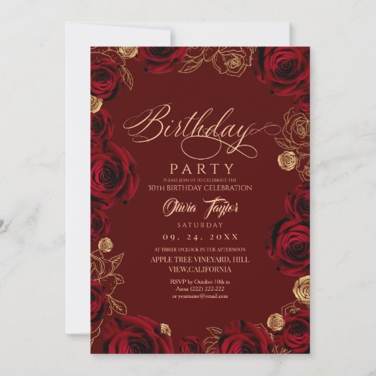 Rustic Script Burgundy Rose Birthday  Einladung (Vorderseite)