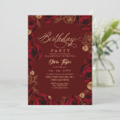 Rustic Script Burgundy Rose Birthday  Einladung (Stehend Vorderseite)