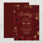 Rustic Script Burgundy Rose Birthday  Einladung (Vorne/Hinten)