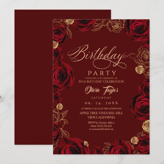 Rustic Script Burgundy Rose Birthday  Einladung (Vorne/Hinten)