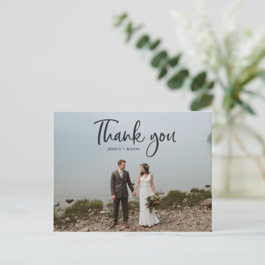 Rustic Script Foto Wedding Vielen Dank Postcard Postkarte (Stehend Vorderseite)