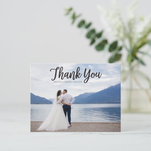 Rustic Script Foto Wedding Vielen Dank Postcard Postkarte (Stehend Vorderseite)