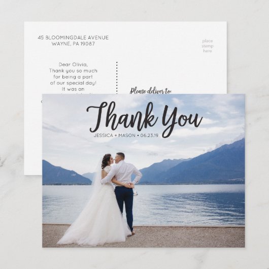 Rustic Script Foto Wedding Vielen Dank Postcard Postkarte (Vorne/Hinten)