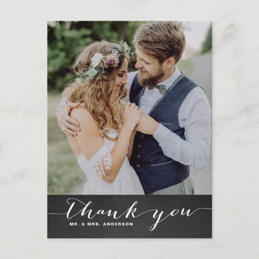 Rustic Script Hochzeit Vertikal Danke II Postkarte (Vorderseite)