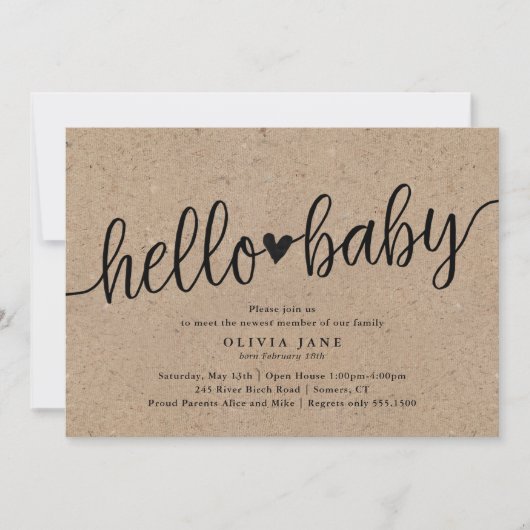 Rustic Script Kraft Hello Baby Sip und See Dusche Einladung (Vorderseite)