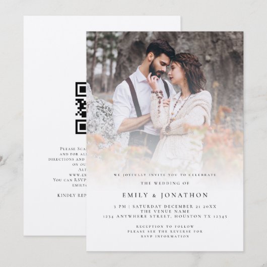 Rustic Script QR-Code Foto-Overlay Hochzeit Einladung (Vorne/Hinten)