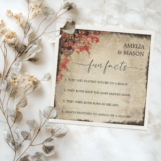 Rustic Script Red Floral Fun Facts Wedding  Serviette