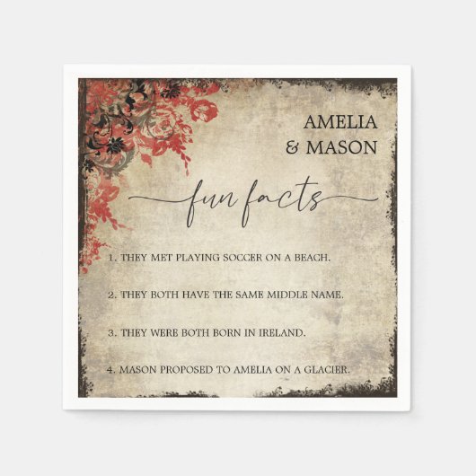Rustic Script Red Floral Fun Facts Wedding  Serviette (Vorderseite)