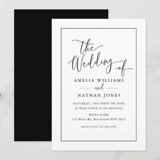 Rustic Script Schwarz Weiß Hochzeit Einladung (Vorne/Hinten)
