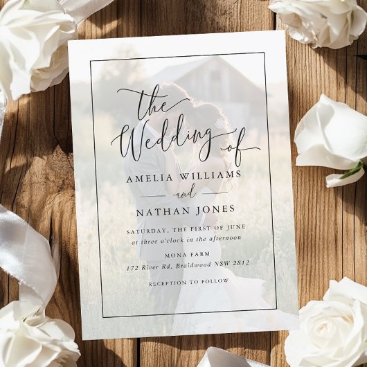Rustic Script Weiß Schwarz Foto Hochzeit   Einladung