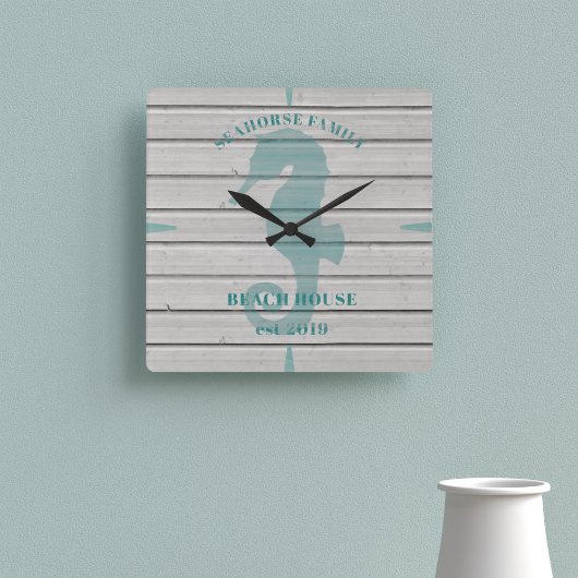 Rustic Seahorse Family Beach House Wall Clock Quadratische Wanduhr