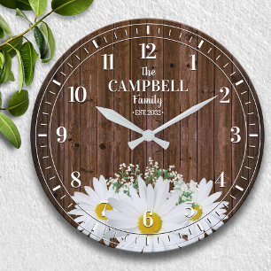 Rustic Shasta Daisy und Name der Holzfamilie Große Wanduhr