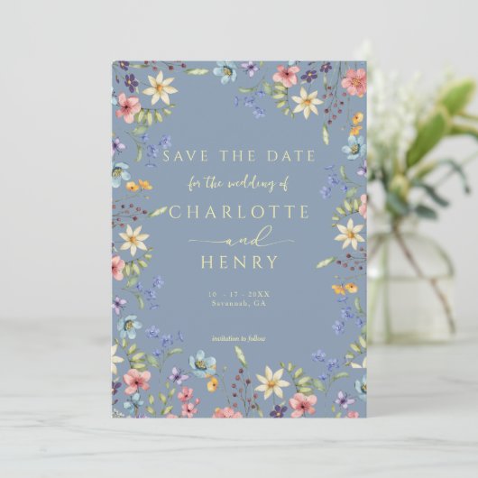 Rustic Simple Dusty Blue Foto Wedding Save The Date (Stehend Vorderseite)