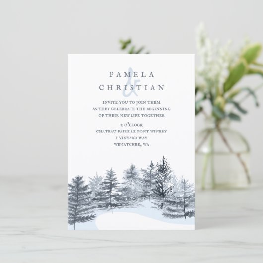 Rustic, Slate Gray Pine Trees Forest Wedding Einladung (Stehend Vorderseite)