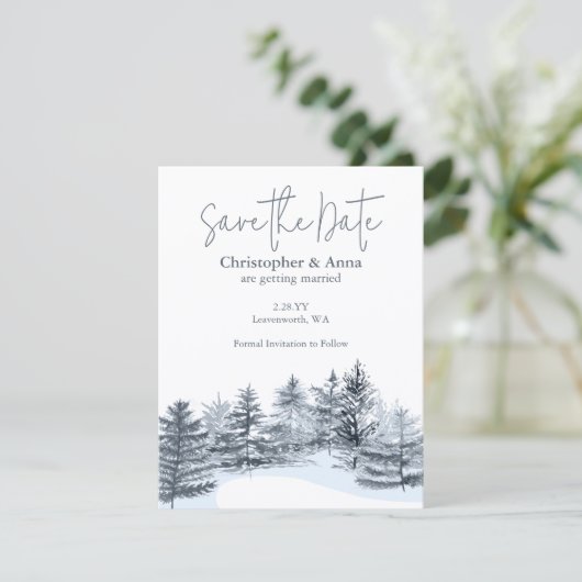 Rustic Slate Gray Pine Trees Wedding Save the Date Hinweiskarte (Stehend Vorderseite)