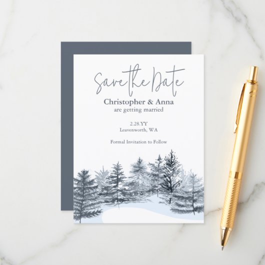 Rustic Slate Gray Pine Trees Wedding Save the Date Hinweiskarte (Vorderseite/Rückseite Beispiel)