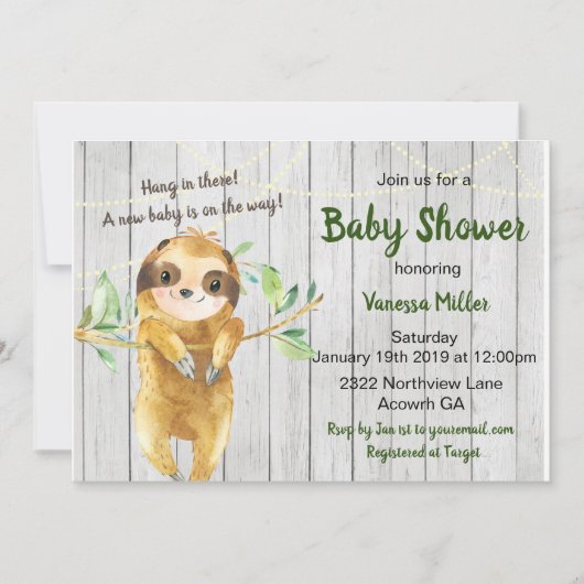 Rustic Sloth Baby Dusche Einladung (Vorderseite)