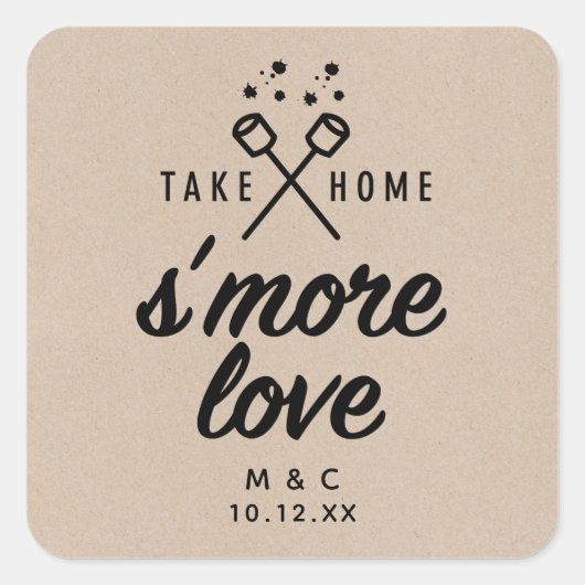 Rustic S'more Liebe Kraft Gastgeschenk Hochzeit Sq Quadratischer Aufkleber (Vorderseite)