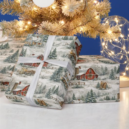 Rustic Snow Covered Farmhouse Winter Pattern Geschenkpapier (Feiertage)