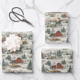 Rustic Snow Covered Farmhouse Winter Pattern Geschenkpapier Set