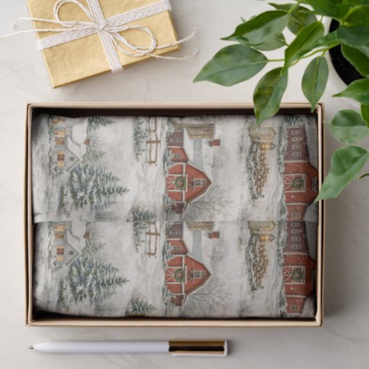 Rustic Snow Covered Farmhouse Winter Pattern Seidenpapier (Geschenk)