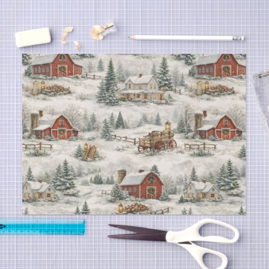 Rustic Snow Covered Farmhouse Winter Pattern Seidenpapier (Handwerk)