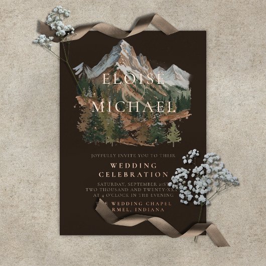 Rustic Snowy Mountain Landscape Watercolor Wedding Folieneinladung