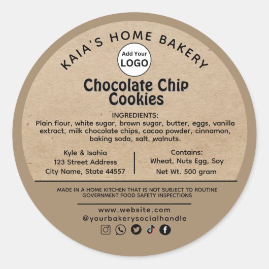 Rustic Social Handle Schokolade Chip Cookies Label Runder Aufkleber (Vorderseite)