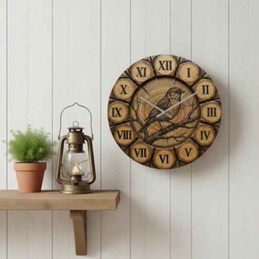 Rustic Songbird Wall Clock | Wood-Look Cabin Decor Große Wanduhr