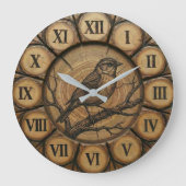 Rustic Songbird Wall Clock | Wood-Look Cabin Decor Große Wanduhr (Vorderseite)