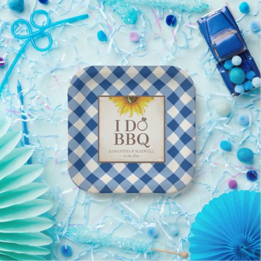 Rustic Sonnenblume Blue Gingham I Do GRILLEN Pappteller (Party)