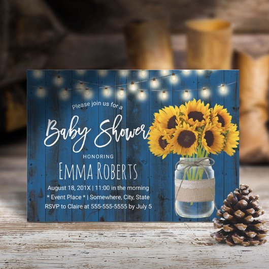 Rustic Sonnenblume Mason Jar Blue Wood Baby Dusche Einladung