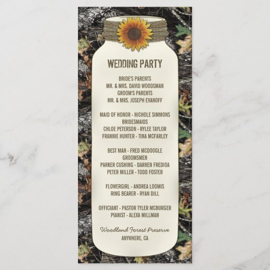 Rustic Sonnenblume Mason Jar Camouflage Hochzeitsp Programm (Rückseite)