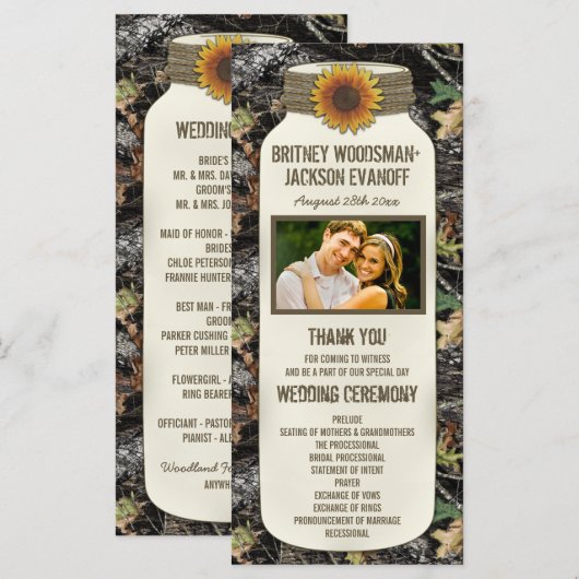 Rustic Sonnenblume Mason Jar Camouflage Hochzeitsp Programm (Vorne/Hinten)