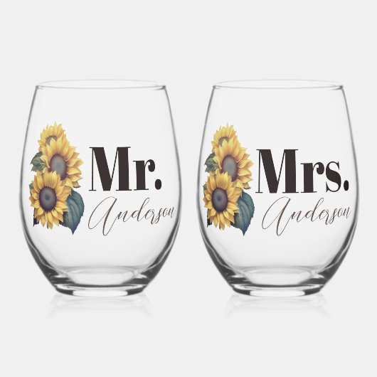 Rustic Sonnenblumen Mr. and Mrs. Weinglas Ohne Stiel (Vorderseite)