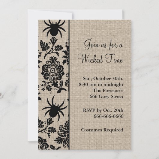 Rustic Spider Damask Halloween Einladung (Vorderseite)