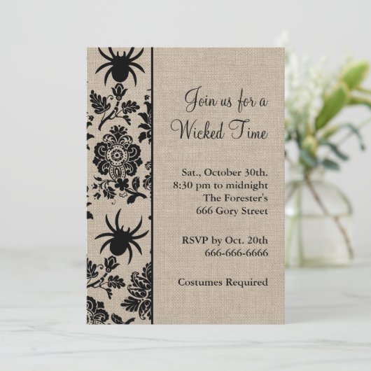 Rustic Spider Damask Halloween Einladung (Stehend Vorderseite)