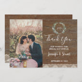 Rustic Spitzen Monogram Foto Hochzeit danke Karte (Vorne/Hinten)