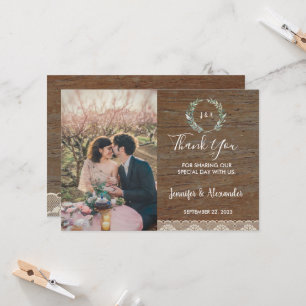 Rustic Spitzen Monogram Foto Hochzeit danke Karte