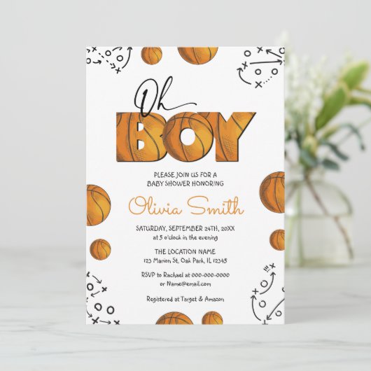 Rustic Sports Boy Basketball Baby Dusche Einladung (Stehend Vorderseite)