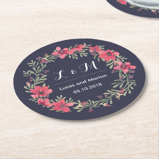 Rustic Spring Blume Wreath Monogram Wedding Party Runder Pappuntersetzer (Angewinkelt)