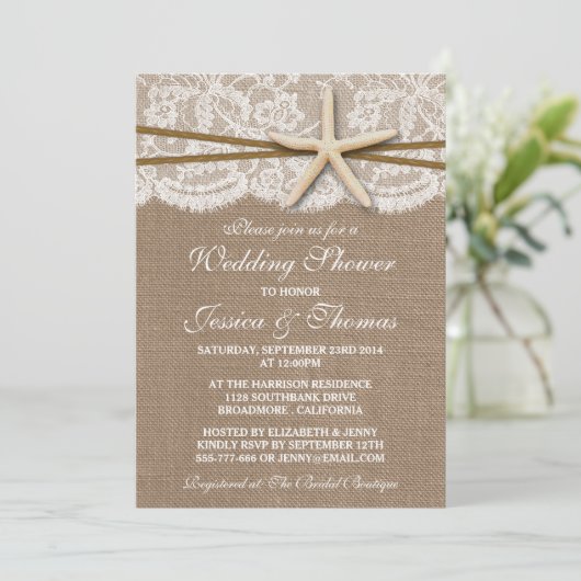 Rustic Starfish Beach Wedding Shower Invitations Einladung (Stehend Vorderseite)