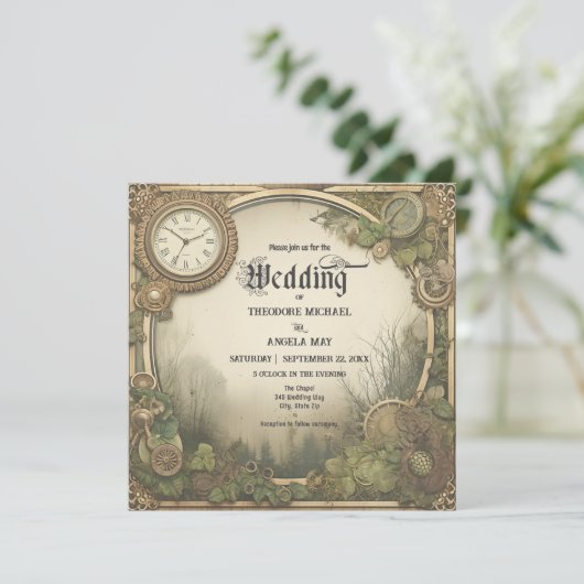 Rustic Steampunk Gears Wedding Invitation Einladung (Stehend Vorderseite)
