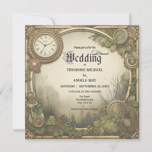 Rustic Steampunk Gears Wedding Invitation Einladung (Vorderseite)