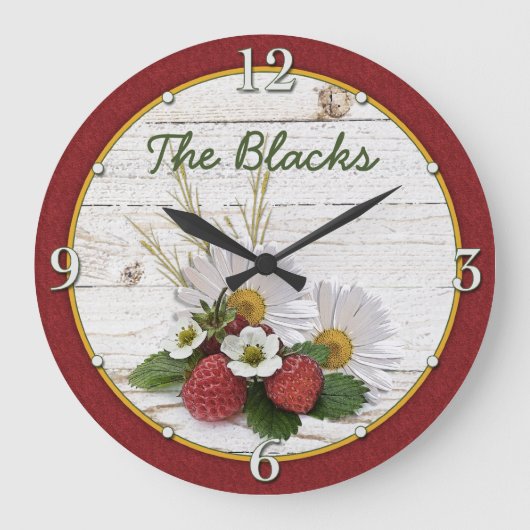 Rustic Strawberry Daisy Floral Personalized Große Wanduhr (Vorderseite)