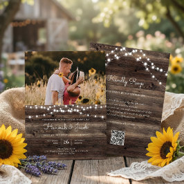 Rustic String Light Barn Wood QR Code UAWG Wedding Einladung